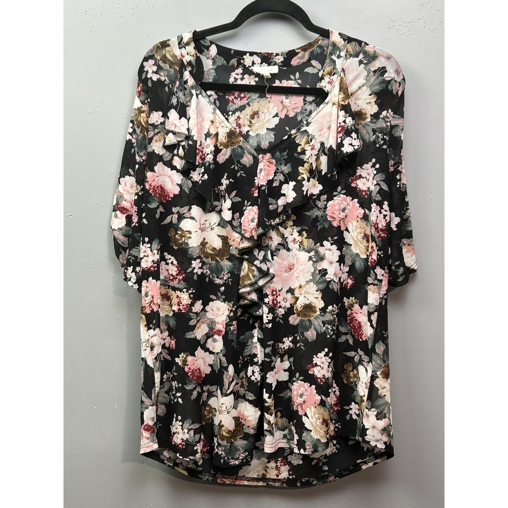 SirenLily Shirt Womens 1X Black Pink‎ Floral Sheer Ruffle Short Sleeve Top